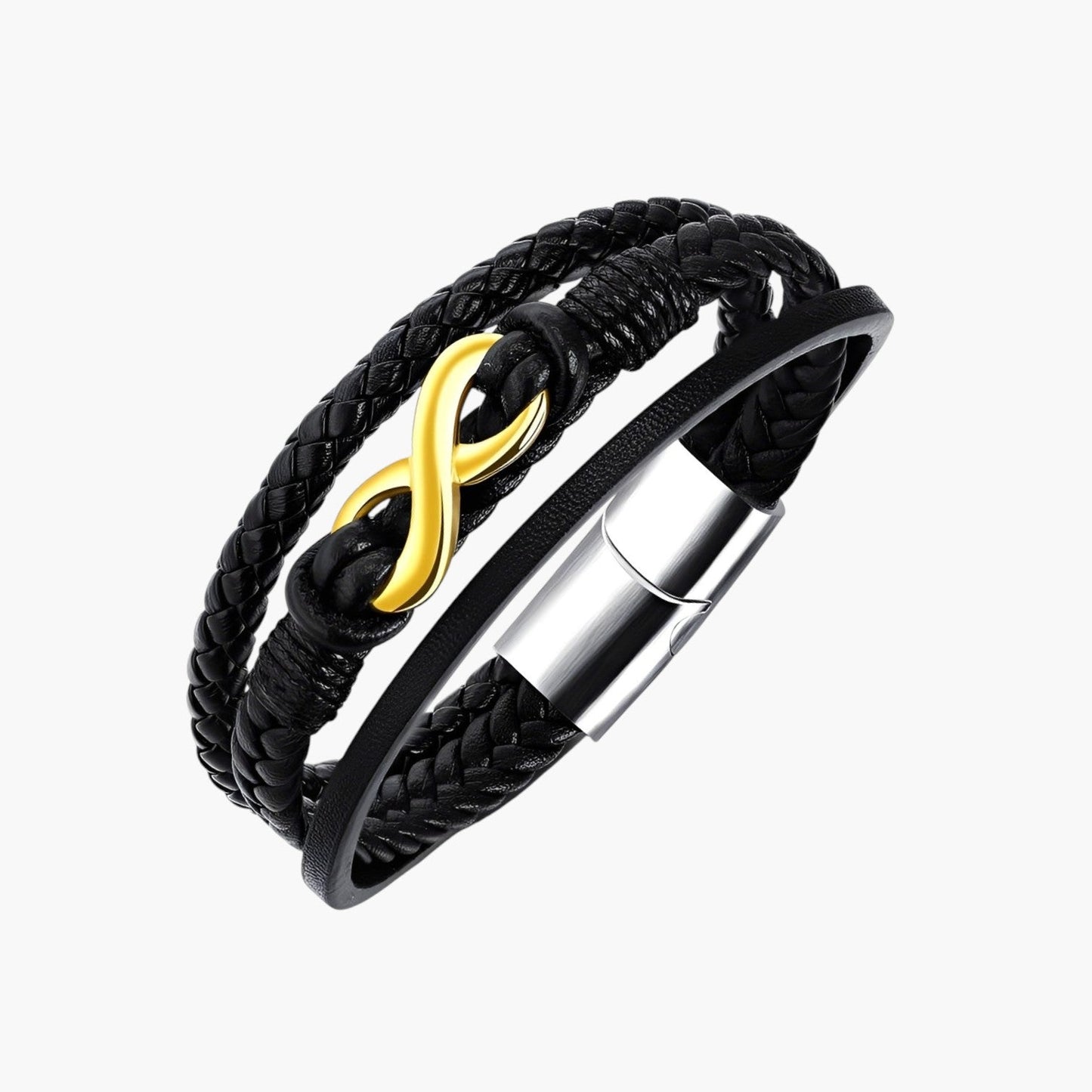 Pulseira Infinito em Couro e Aço Inoxidável 316L