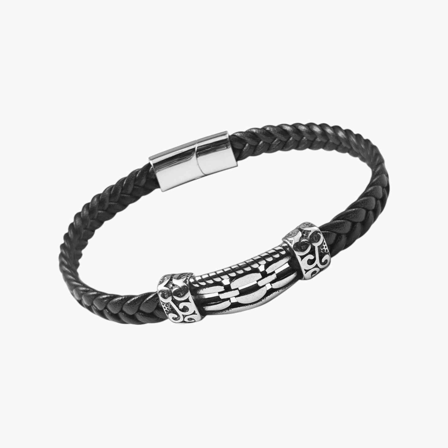 Pulseira de Couro Entrançado e Aço Inoxidável