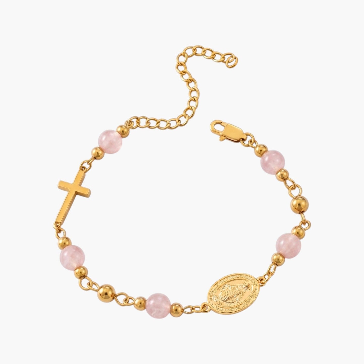 Pulseira Nossa Senhora Milagrosa em Aço Inoxidável Dourado com Pedras Naturais