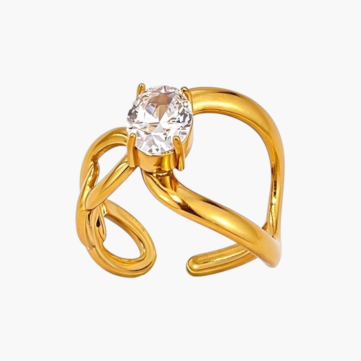 Anel Ajustável em Aço Dourado com Zircónia Oval