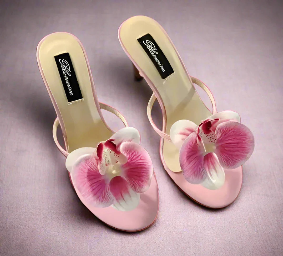 Women’s Floral Orchid High Heel Sandals – Slingback Open Toe Stilettos
