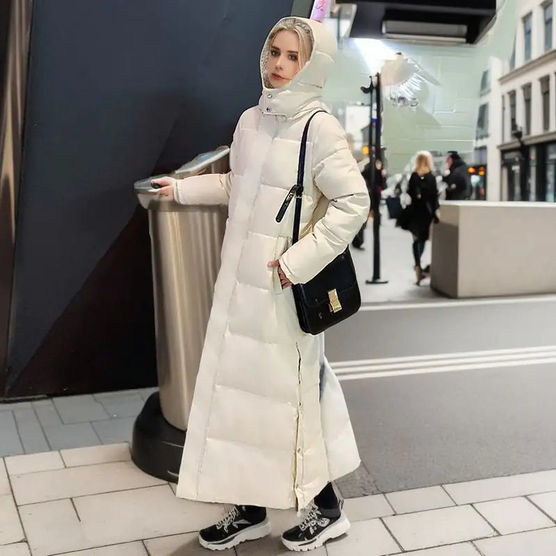 Long Puffer Coat for Women – Loose Fit Winter Jacket with Hood