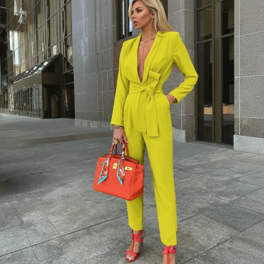Tailored Deep V-Neck Jumpsuit – Long Sleeve Belted Power Look