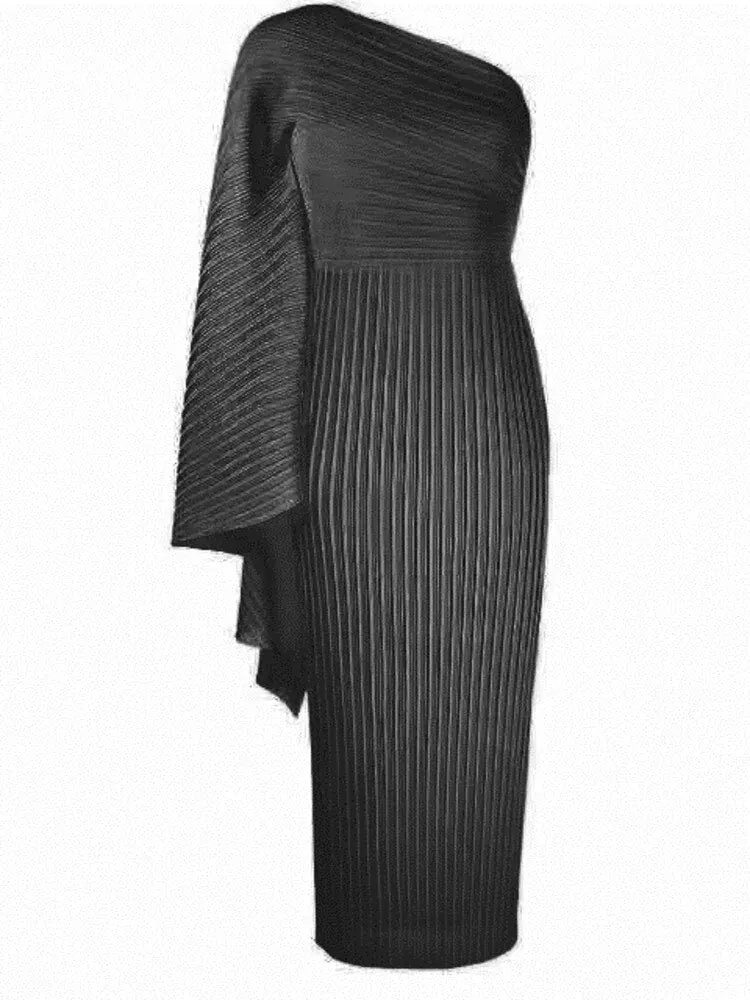 Asymmetrical Pleated Bodycon Dress – One-Shoulder Midi Dress