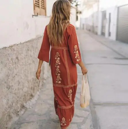 Vintage V-Neck Embroidered Maxi Dress