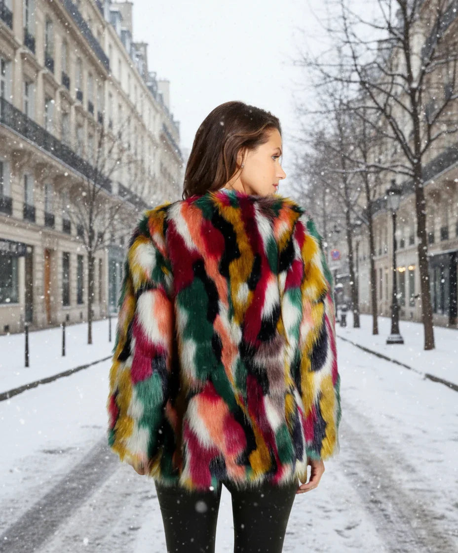 Multicolored Faux Fur Coat – Bold, Warm, Luxury Lined