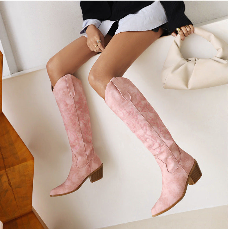 Western-Style Suede Knee Boots - Pointed Toe & Block Heel