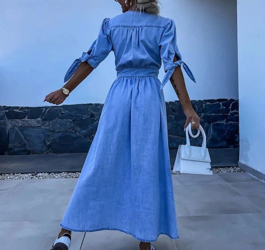 Chic Denim Midi Dress with Button Front & Tie Sleeves – Women's Dress