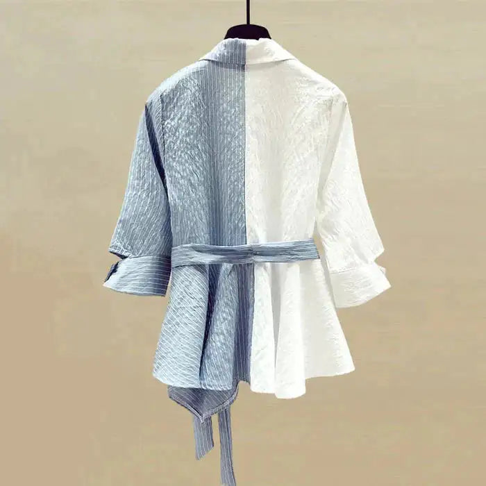 Chic 2-Piece Set – Denim-Look Wide Leg Pants + Colorblock Tie Shirt