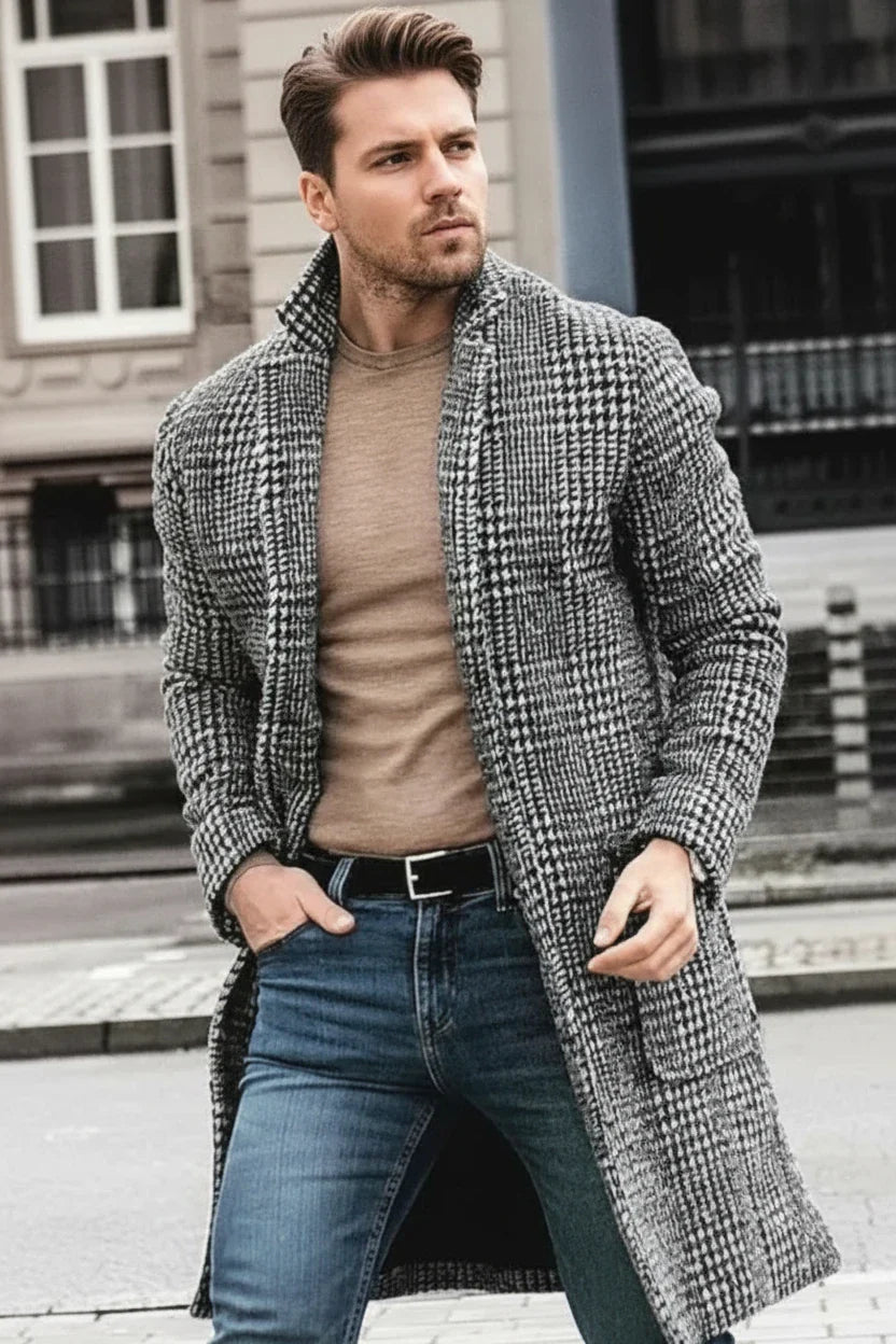 Men’s Houndstooth Long Overcoat — Tailored & Lined