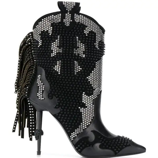 Hot Drill Pointed Toe Fringe Short Boots