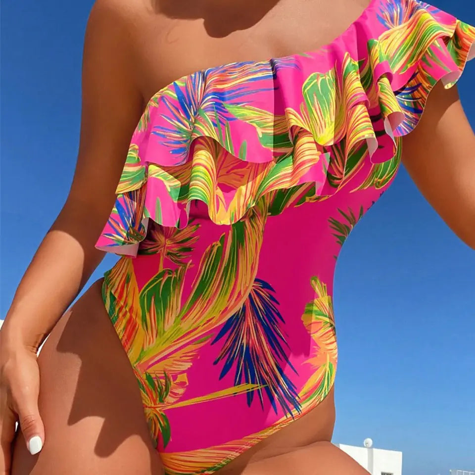 One-Shoulder Ruffle Tropical Leaf One-Piece Swimsuit – Women’s Monokini