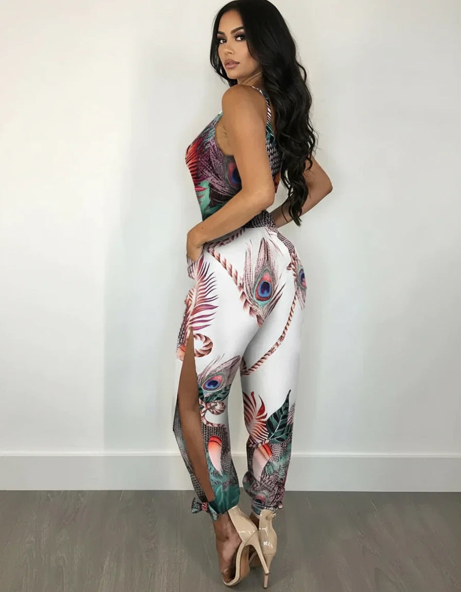 Feather Print Spaghetti Strap Jumpsuit – Lightweight Summer One-Piece