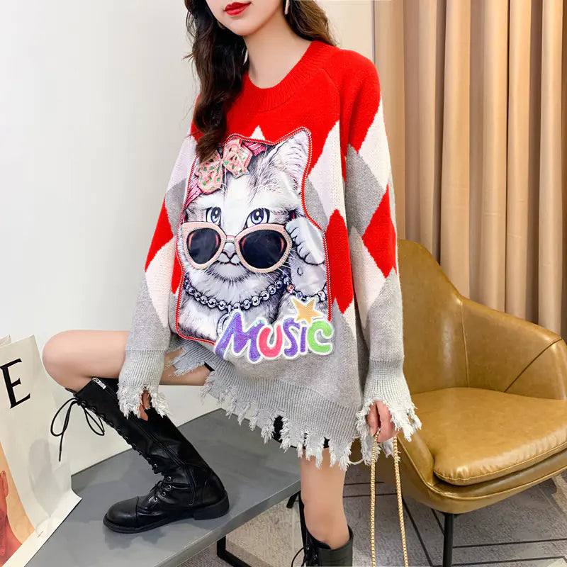 Cat Sequin Knit Sweater