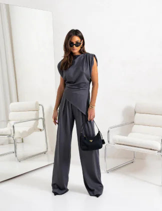 Elegant Women’s Two-Piece Pants Set – Irregular Draped Top & Wide-Leg Trousers