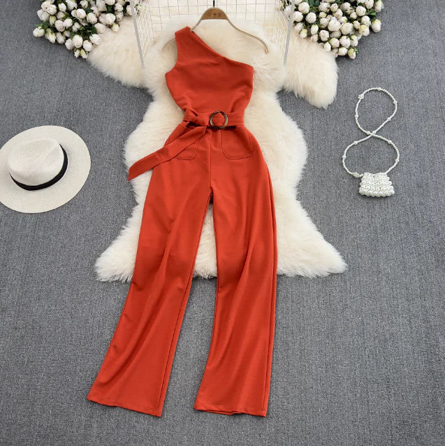 One-Shoulder SlimFit Jumpsuit – High-Waist Asymmetrical Style