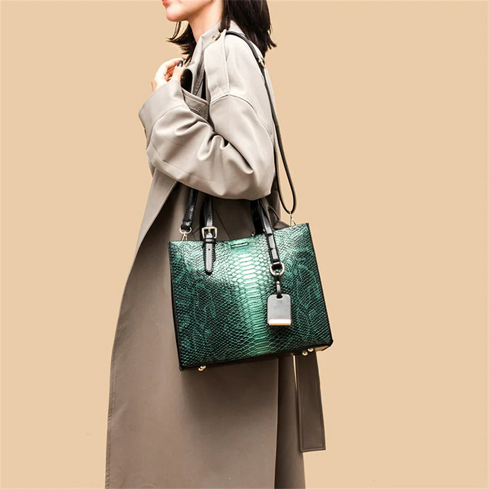 3-Piece Faux-Leather Handbag & Wallet Set – Vintage Snakeskin Accent