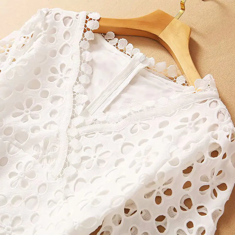 Elegant White Lace Midi Dress – Floral Cut-Out Detailing