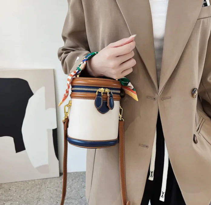 Women’s Barrel Crossbody Handbag with Scarf Handle – PU Leather Bucket Bag