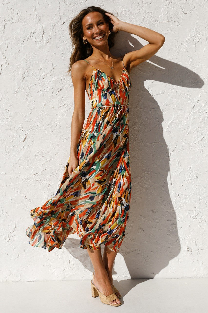 Colorful Midi Dress with Ruffle Hem – Summer Chic 🌞🌿
