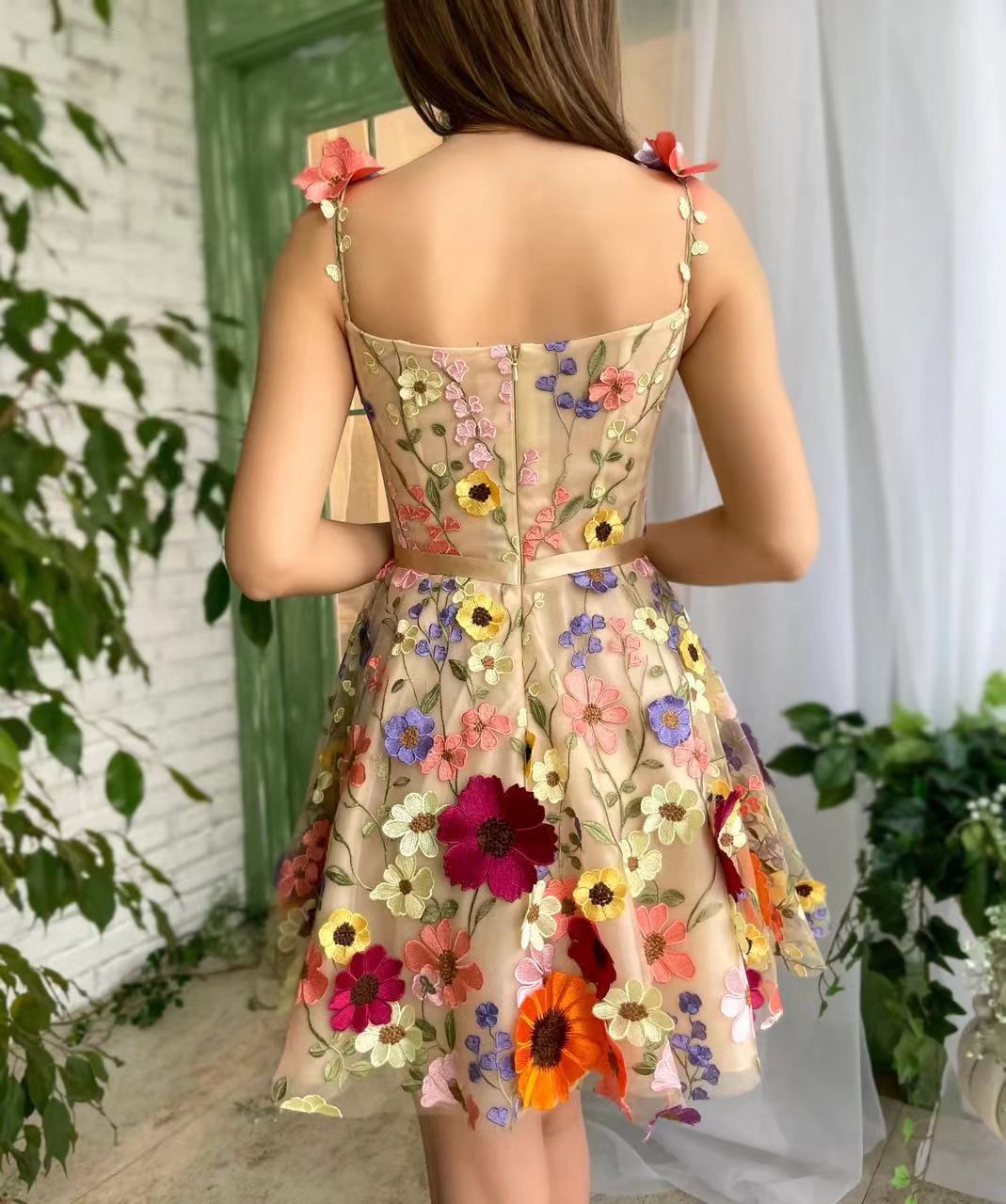3D Floral Embroidered Sheath Dress – Spaghetti Straps & Satin Waist