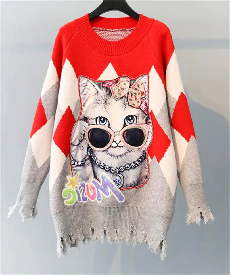Cat Sequin Knit Sweater