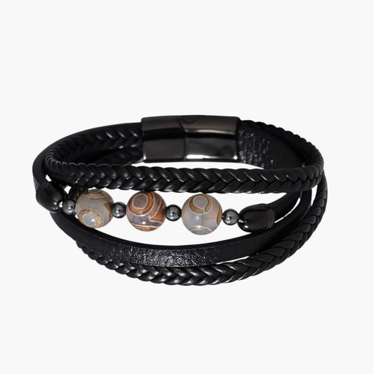 Pulseira de Couro Trançado e Aço Inoxidável