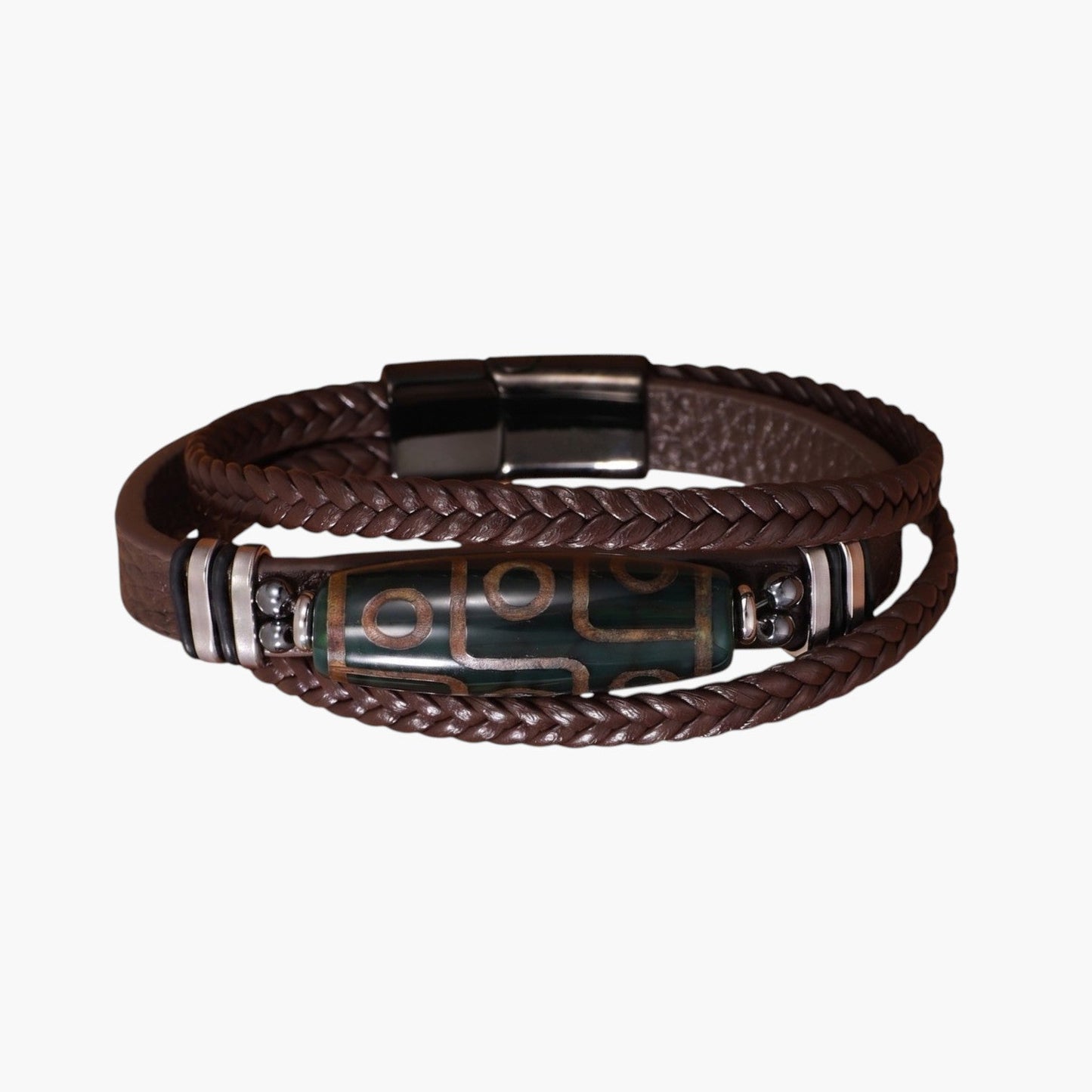 Pulseira de Couro Trançado e Aço Inoxidável