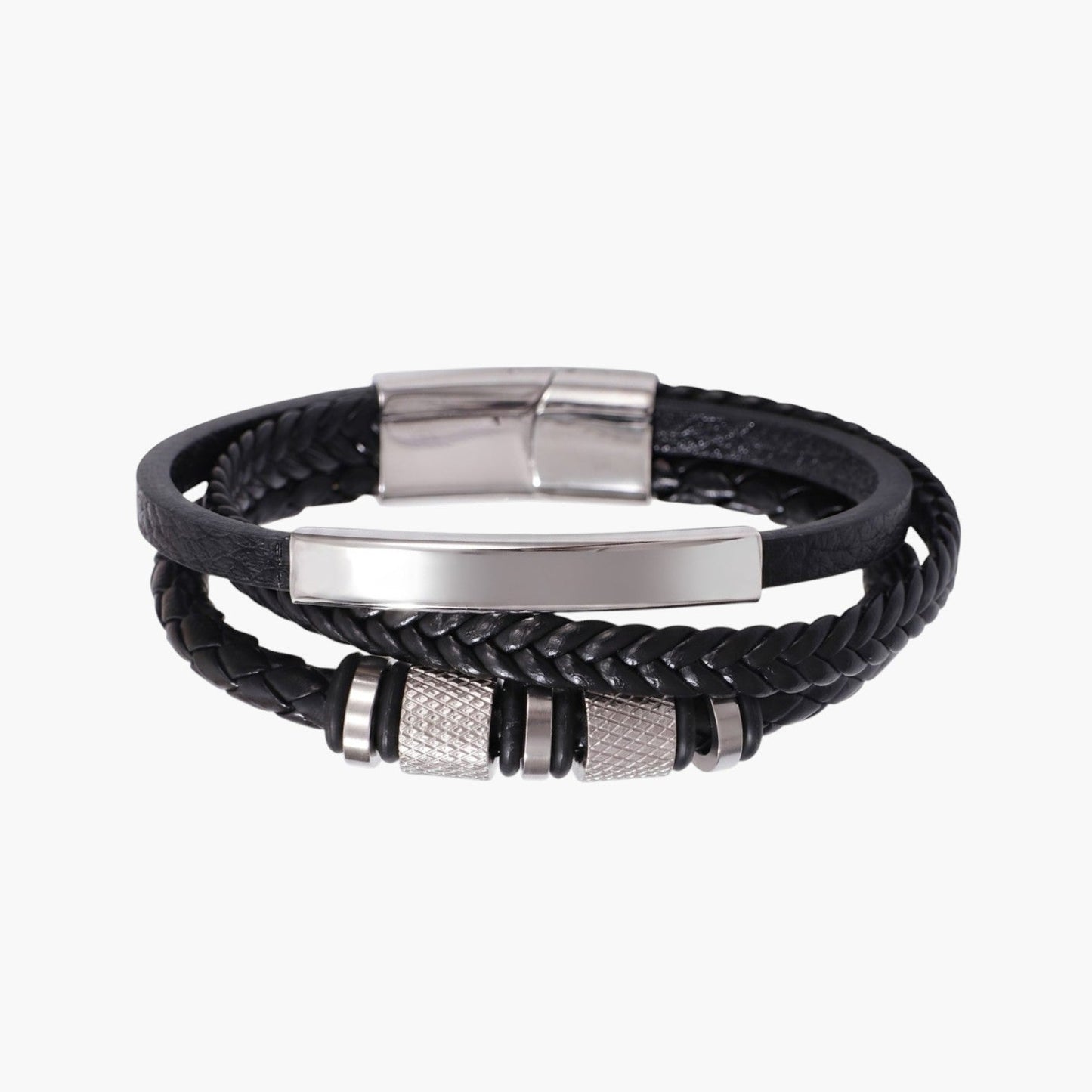 Pulseira de Couro Trançado e Aço Inoxidável