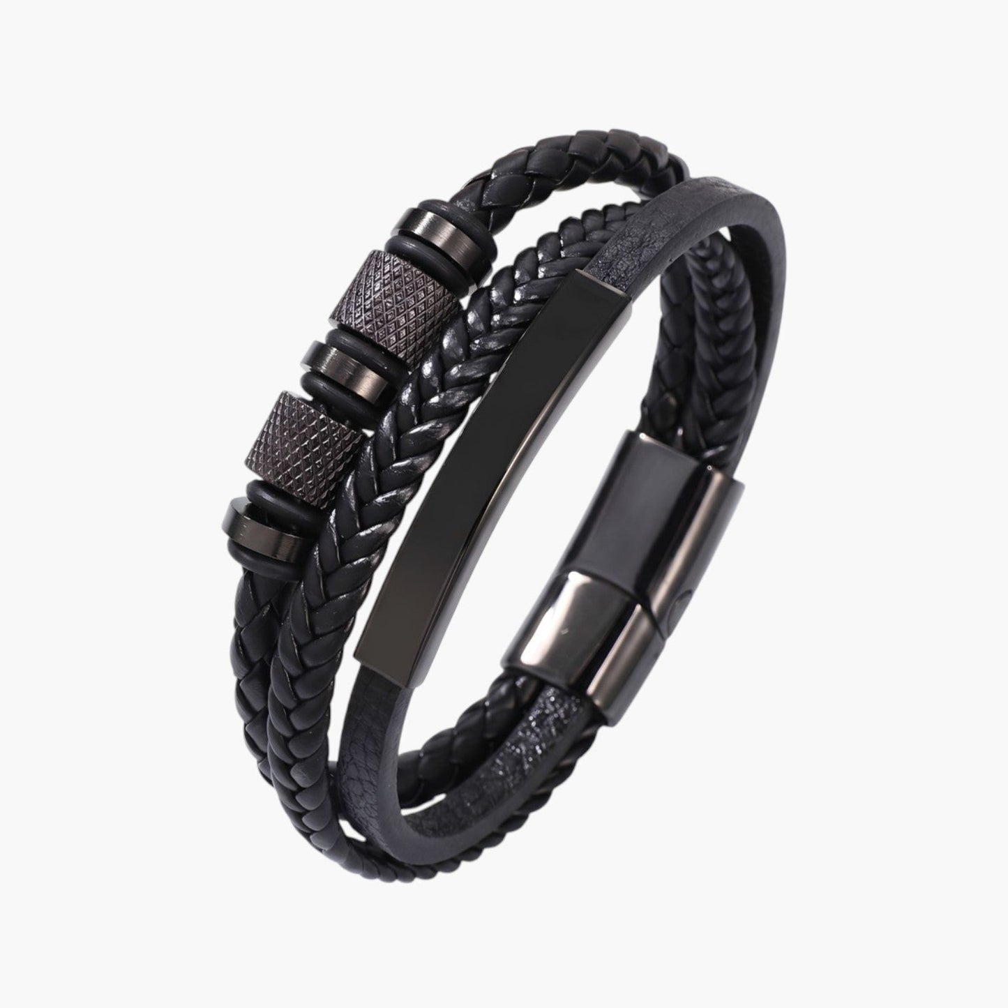 Pulseira de Couro Trançado e Aço Inoxidável