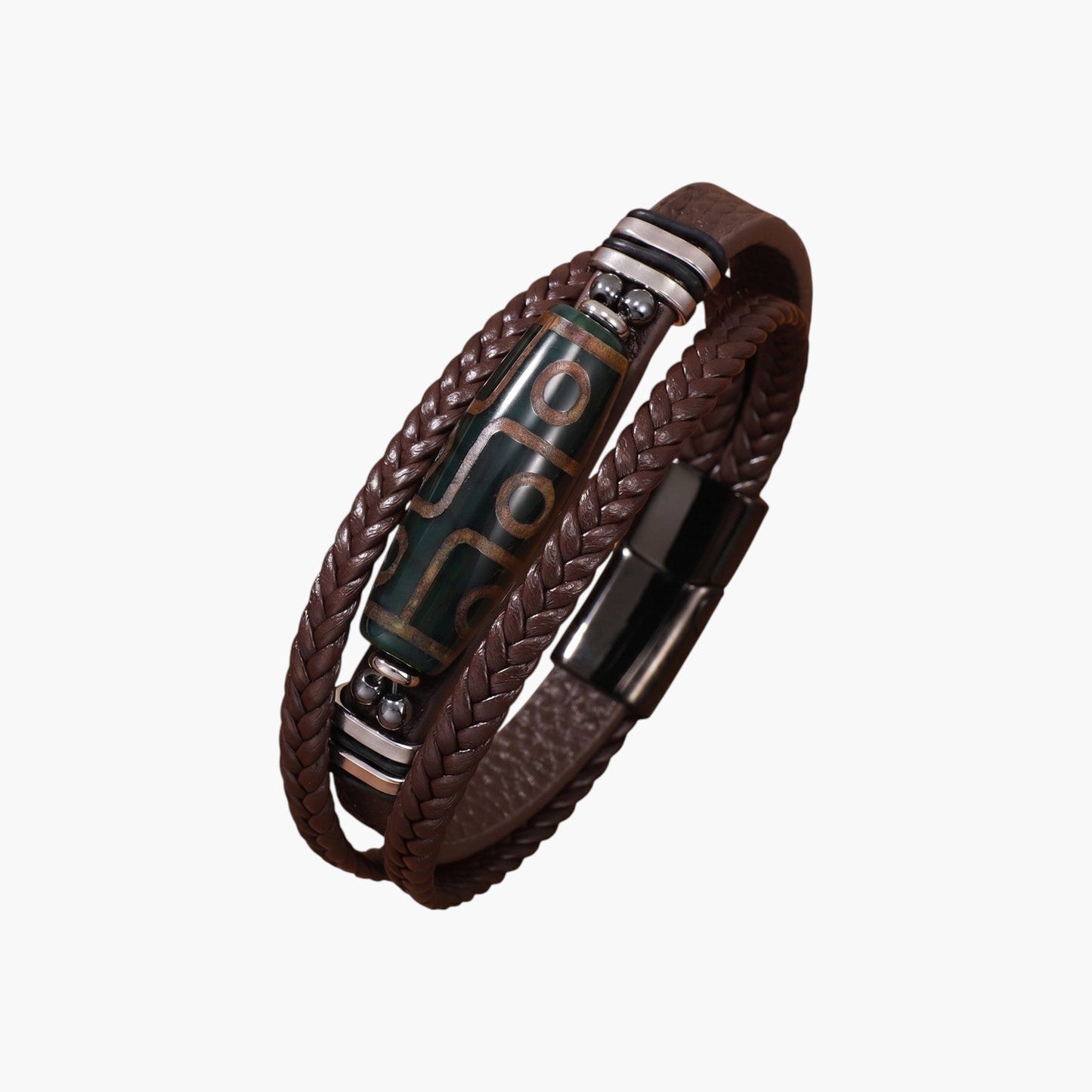 Pulseira de Couro Trançado e Aço Inoxidável