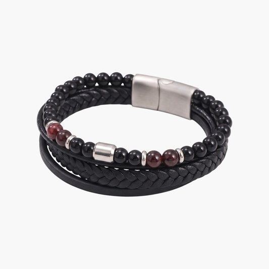 Pulseira de Couro Trançado e Aço Inoxidável