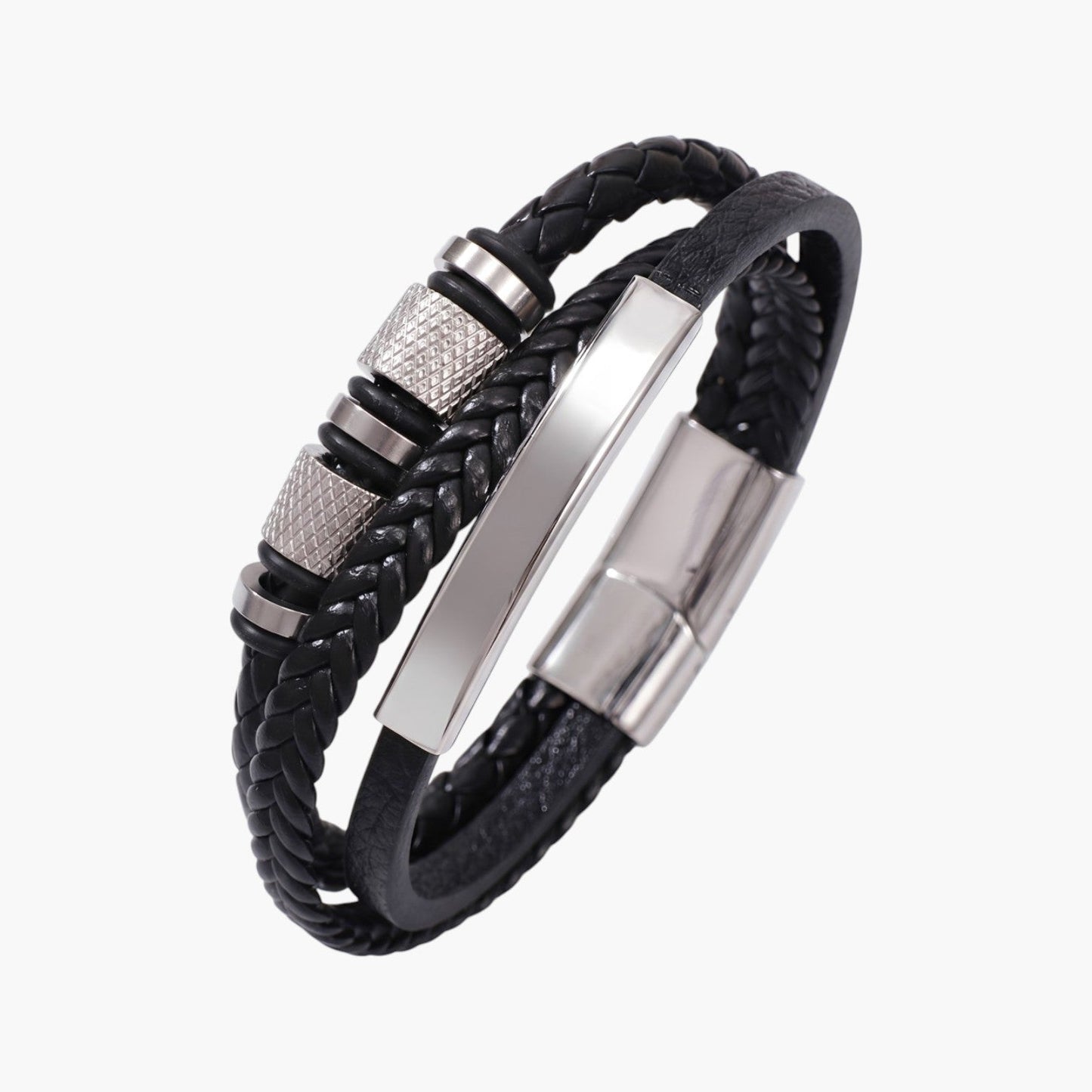 Pulseira de Couro Trançado e Aço Inoxidável
