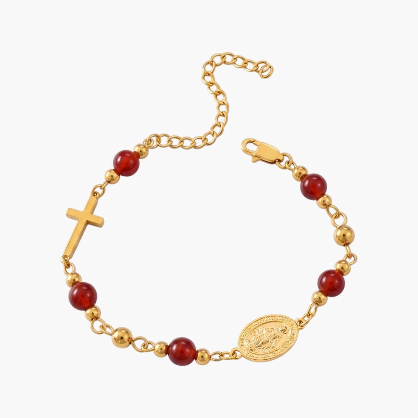 Pulseira Nossa Senhora Milagrosa em Aço Inoxidável Dourado com Pedras Naturais