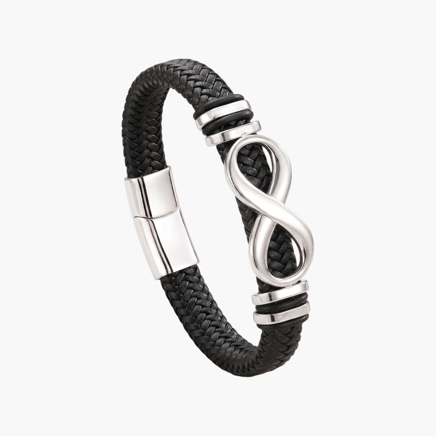 Pulseira Infinito em Couro e Aço Inoxidável