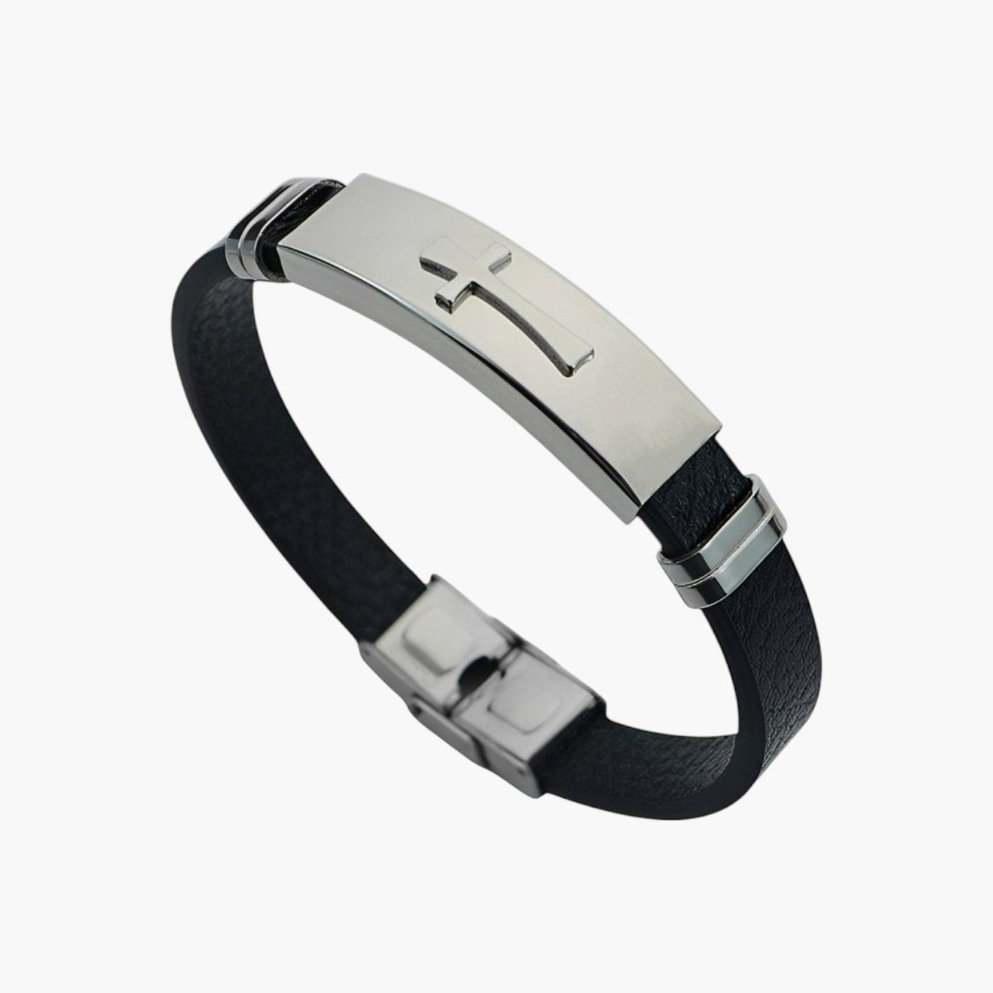 Pulseira Cruz em Couro e Aço Inoxidável