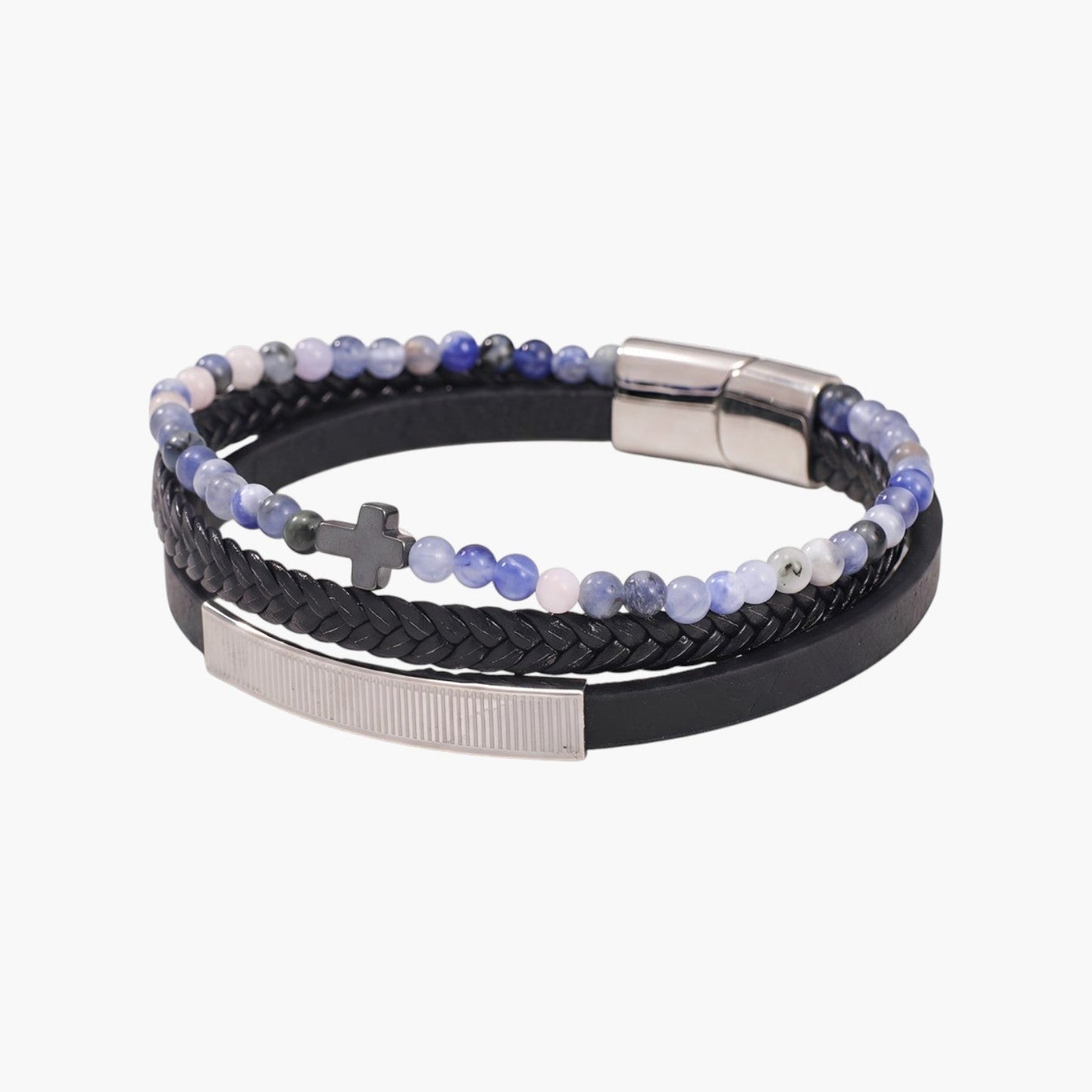 Pulseira Cruz de Couro Trançado e Aço Inoxidável