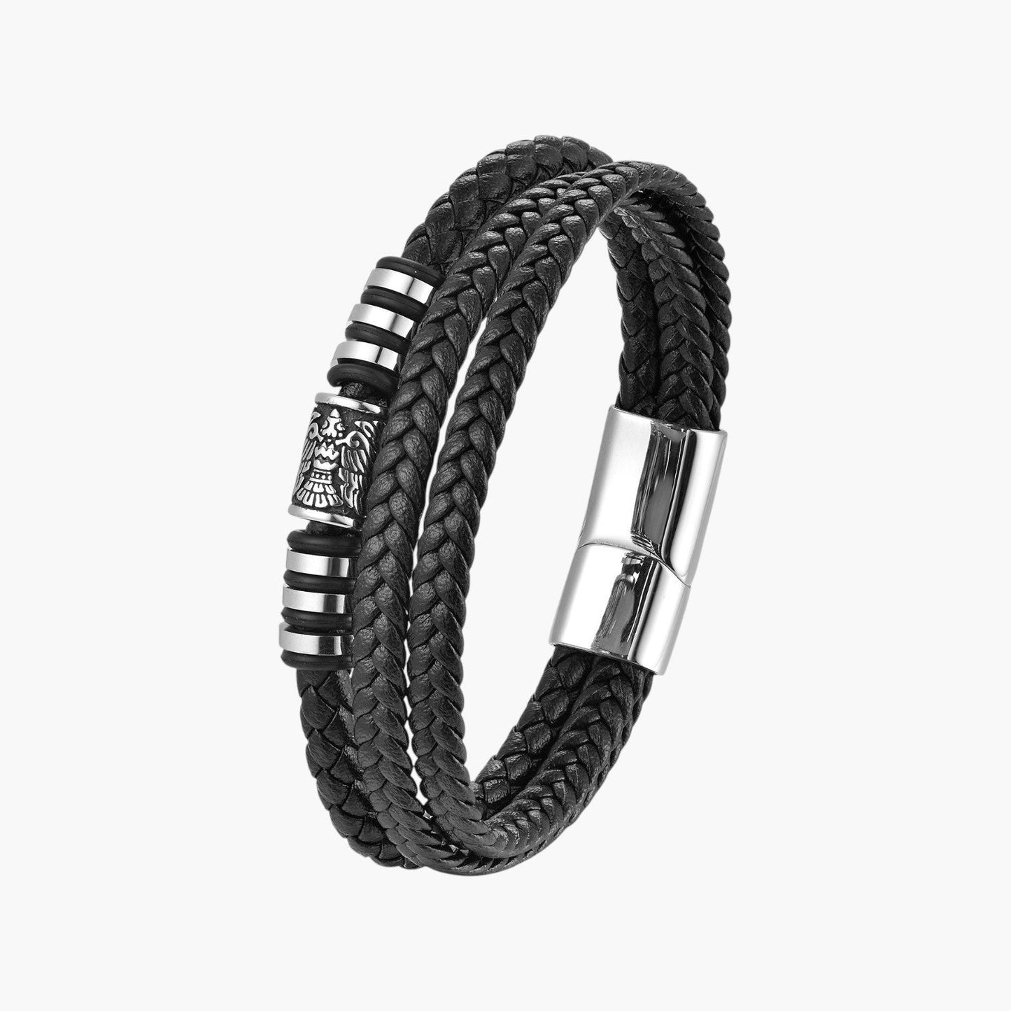 Pulseira de Couro Multicamadas e Aço Inoxidável