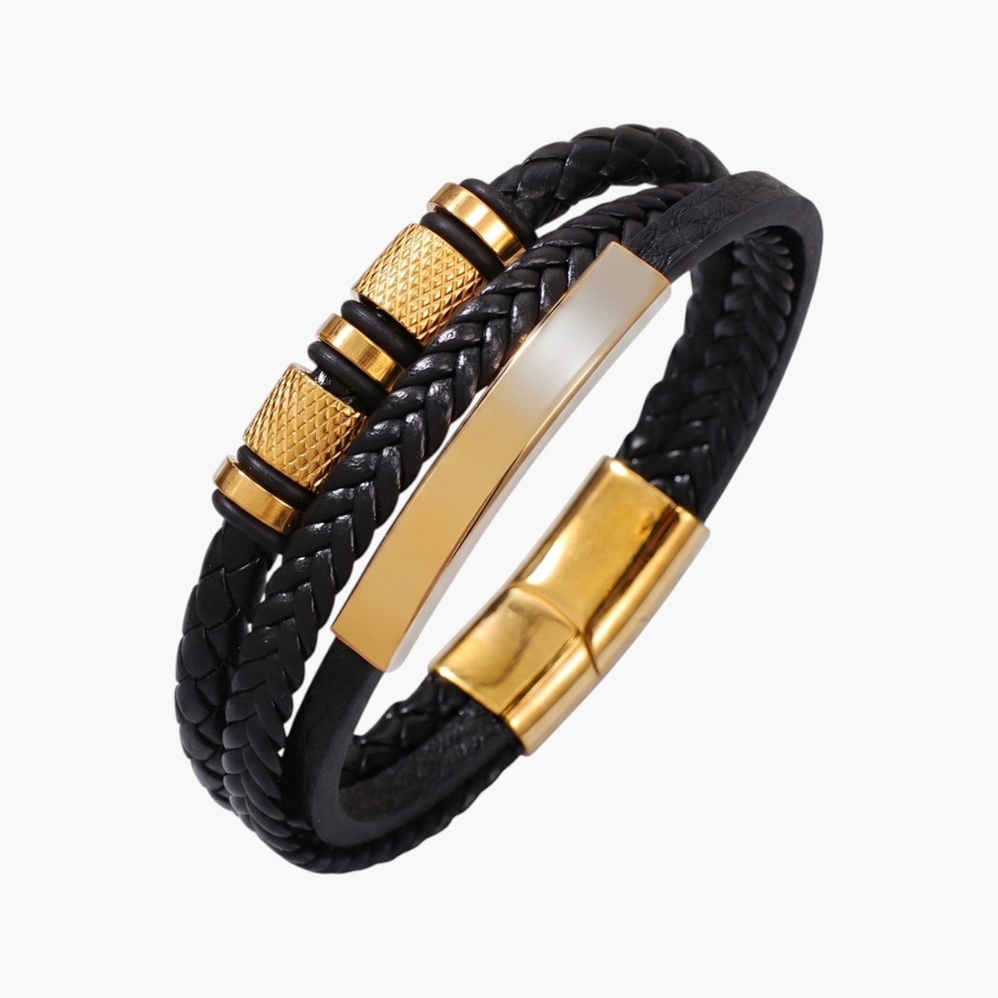 Pulseira de Couro Trançado e Aço Inoxidável