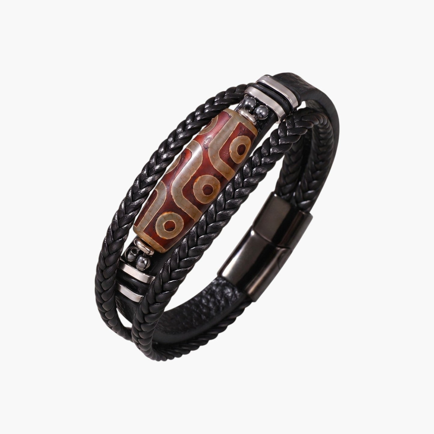 Pulseira de Couro Trançado e Aço Inoxidável