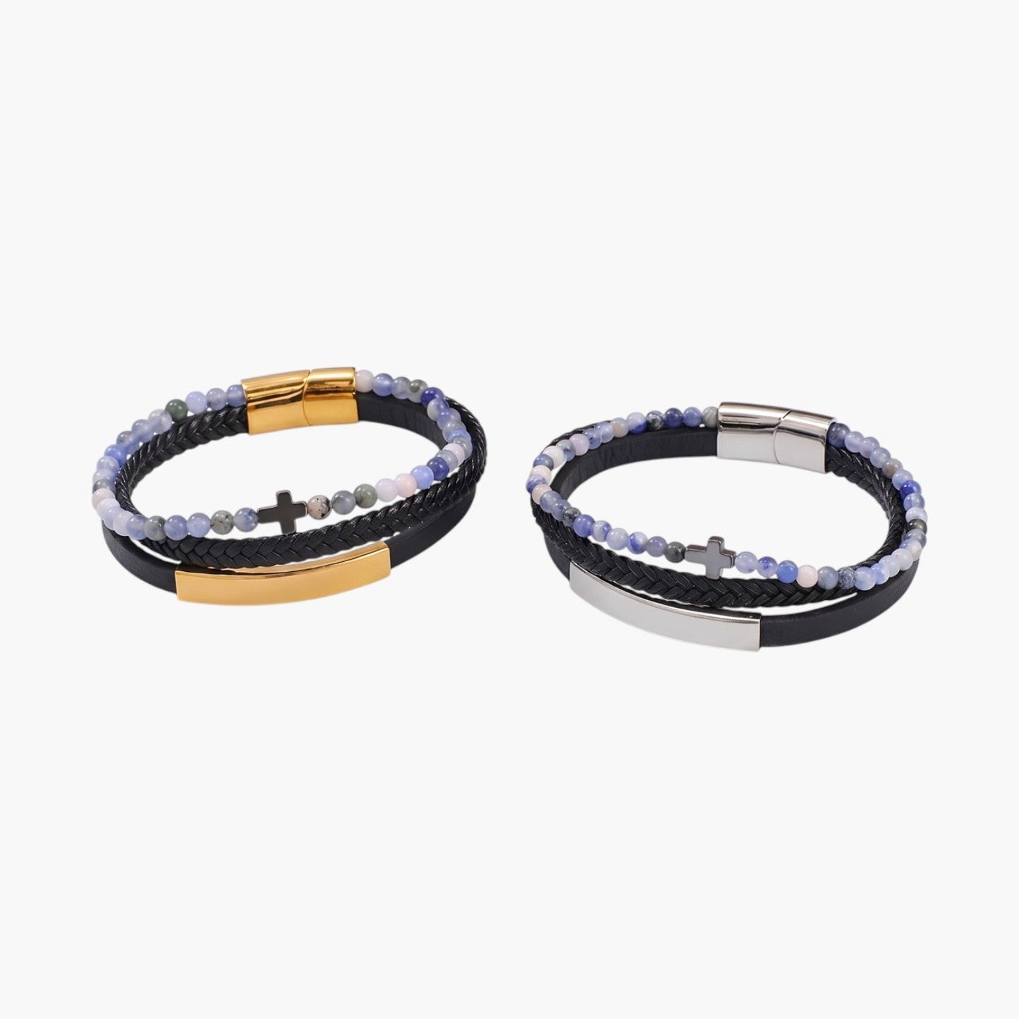 Pulseira Cruz de Couro Trançado e Aço Inoxidável