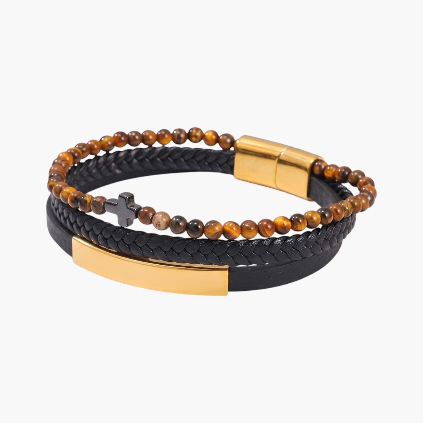 Pulseira Cruz de Couro e Pedra Natural