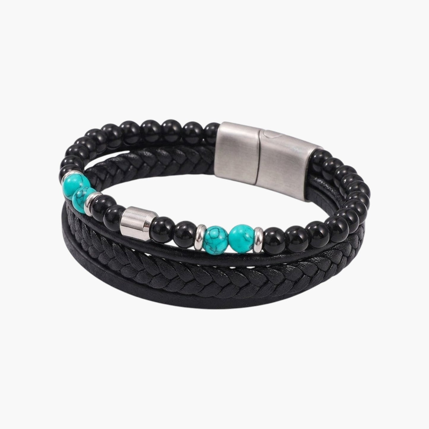 Pulseira de Couro Trançado e Aço Inoxidável