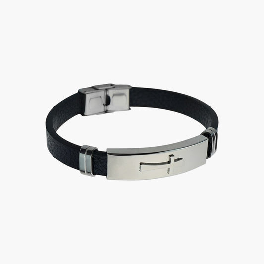 Pulseira Cruz em Couro e Aço Inoxidável