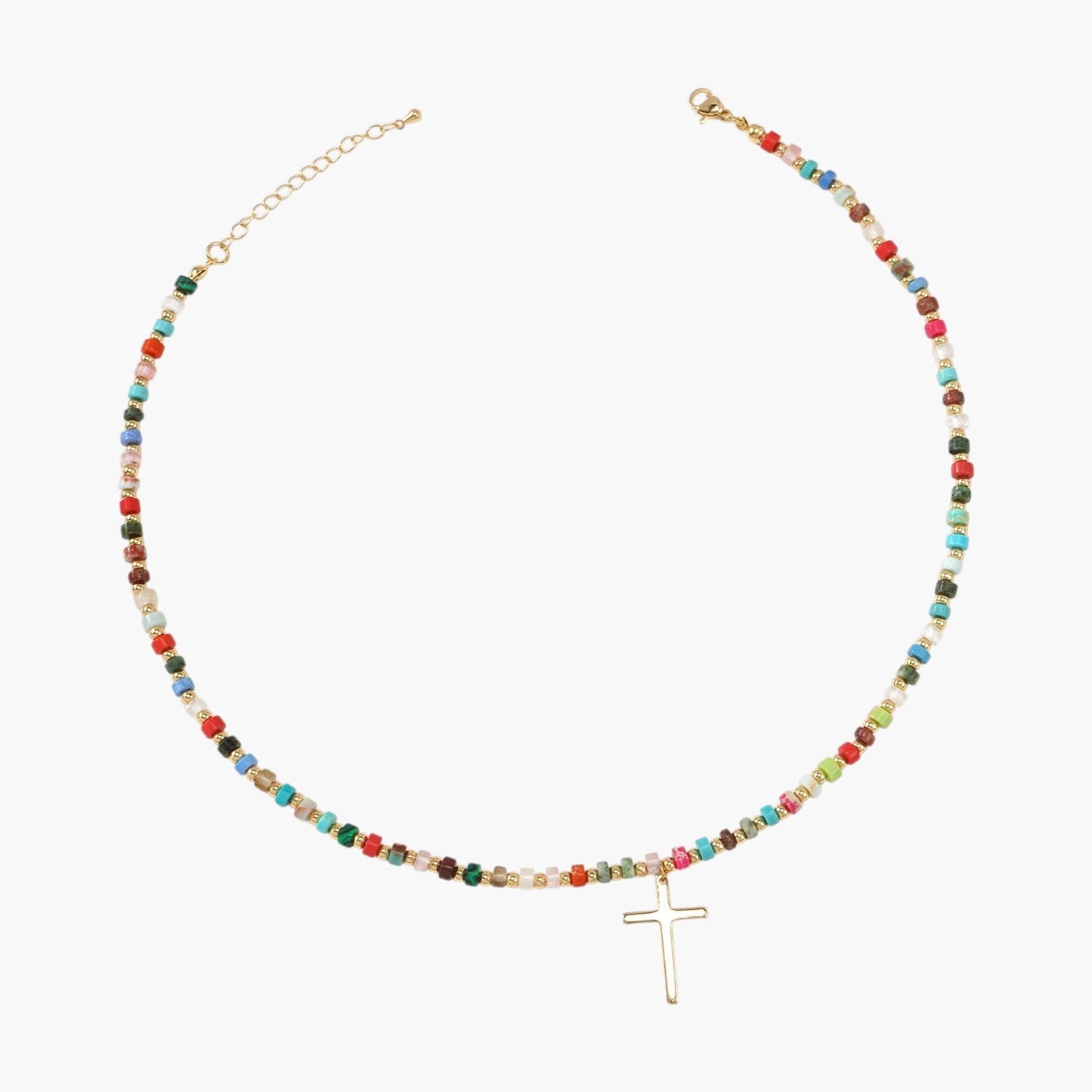 Colar de Duas Camadas com Contas e Cruz