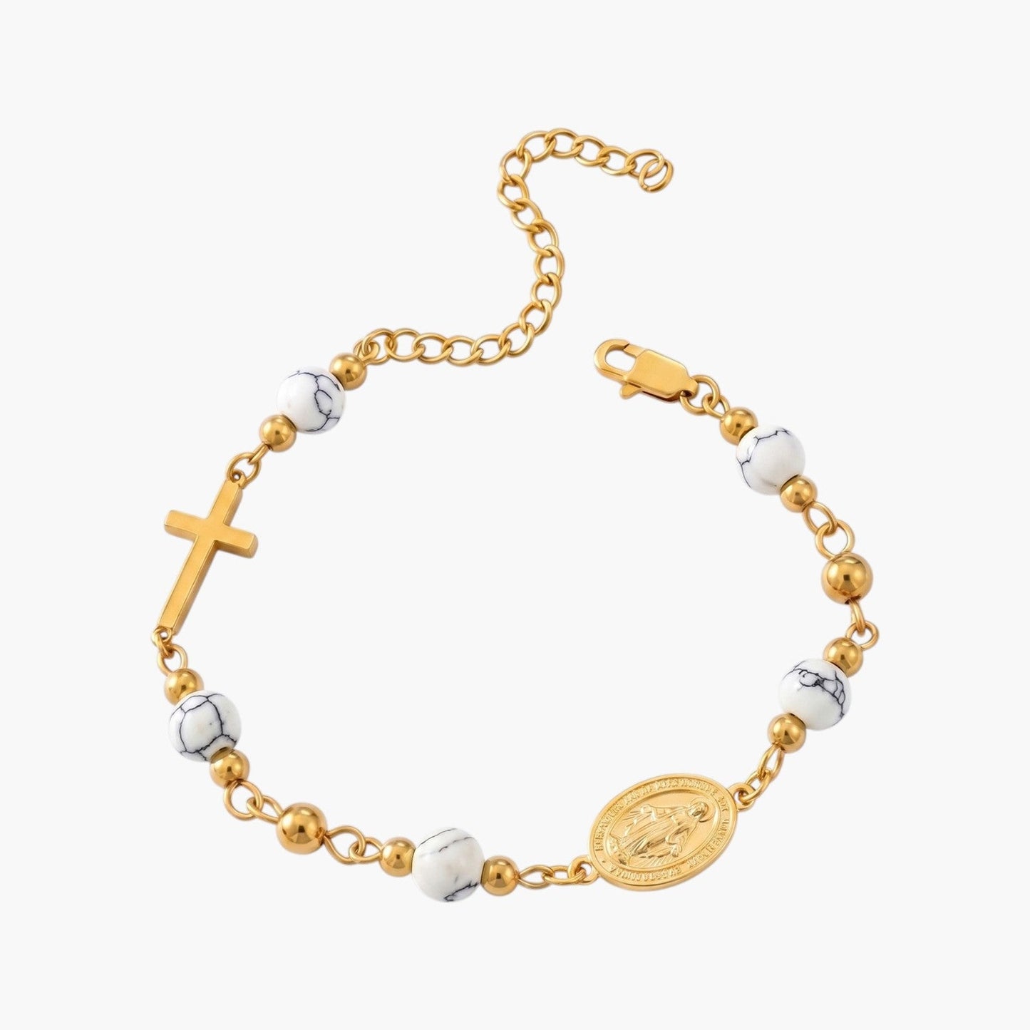 Pulseira Nossa Senhora Milagrosa em Aço Inoxidável Dourado com Pedras Naturais
