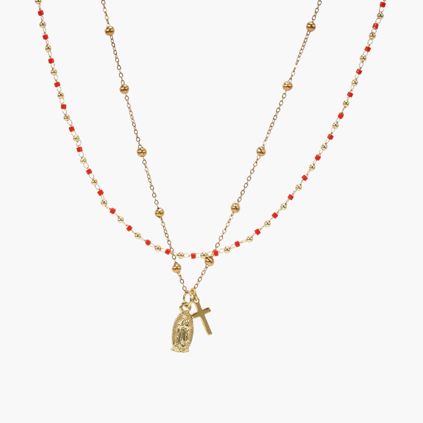 Colar Duplo Elegante com Contas e Pendentes Religiosos
