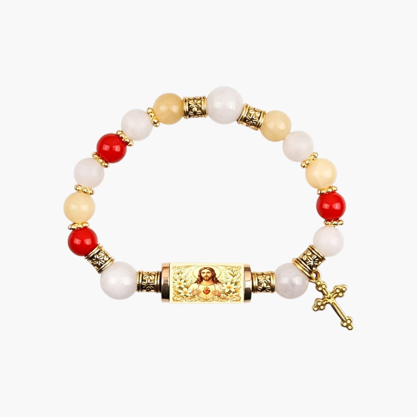 Pulseira Cruz em Calcedónia Branca com Banho de Ouro