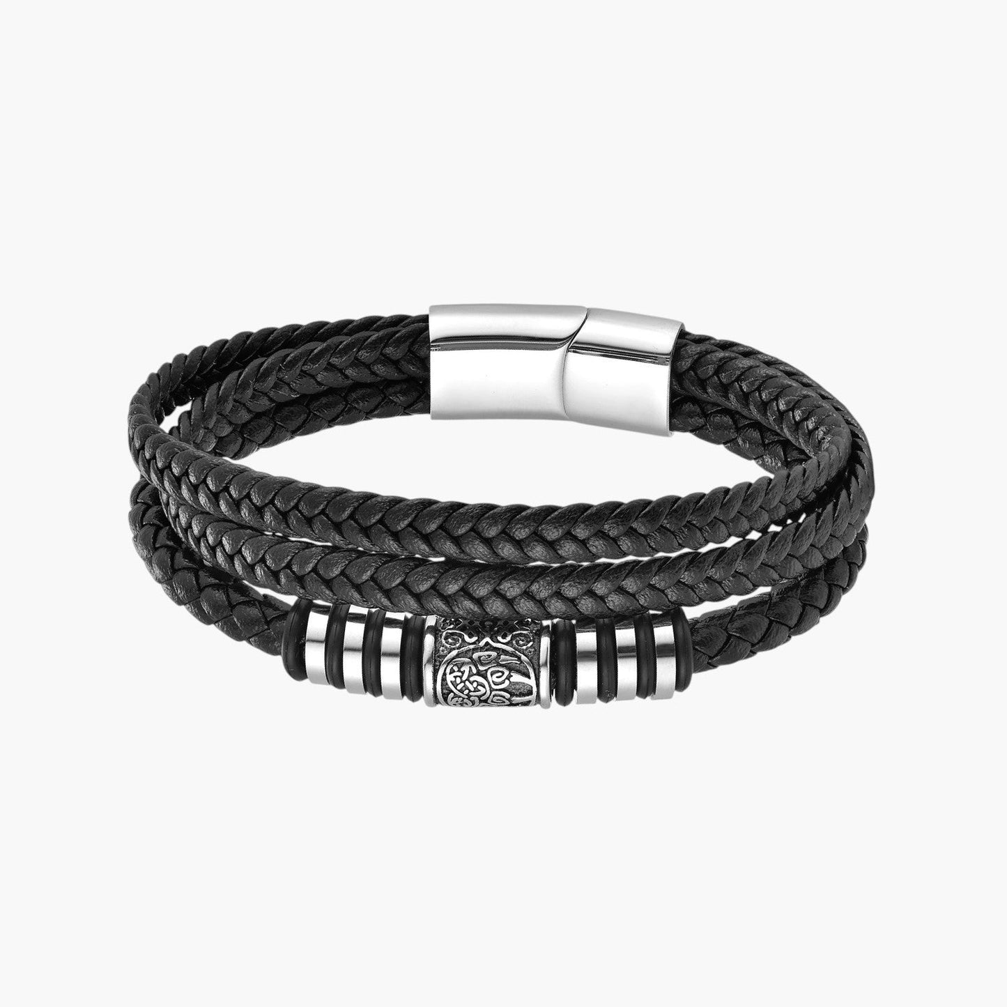 Pulseira de Couro Multicamadas e Aço Inoxidável