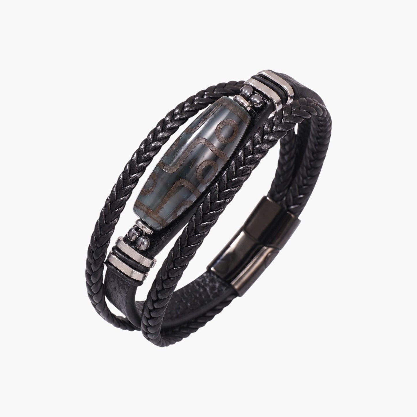 Pulseira de Couro Trançado e Aço Inoxidável